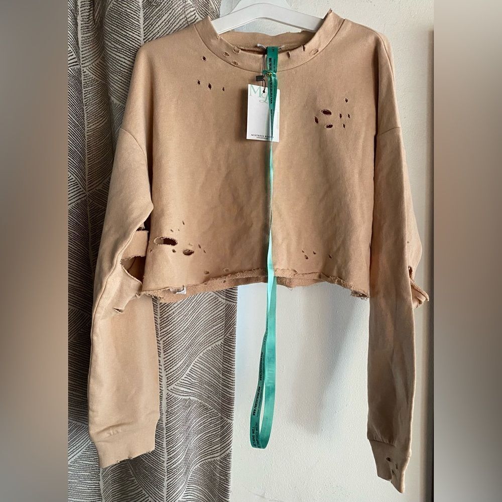 Mistress Rocks Cropped Crewneck Sweatshirt Distressed Camel Peach Sz XS NWT